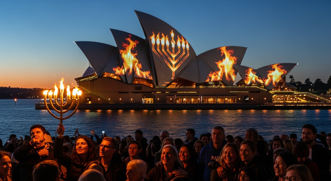 週一晚間，雪梨歌劇院（Sydney Opera House）點亮燭台圖案，慶祝光明節（Hanukkah）……