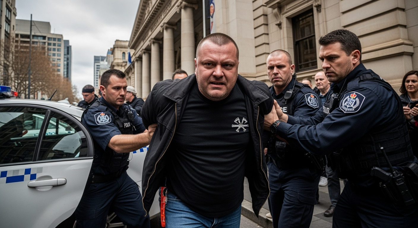 新納粹分子托馬斯·蘇厄爾(Thomas Sewell)因涉嫌攻擊原住民抗議據點,於墨爾本法院外遭到逮捕。