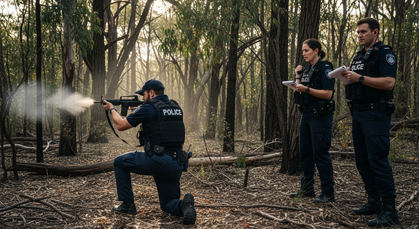 維多利亞州警方重演德茲·弗里曼逃入波龐卡叢林一小時後聽到的一聲槍響