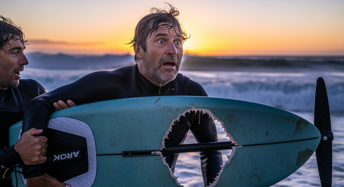 西澳風浪板玩家在熱門衝浪點遭遇大白鯊，板子被咬後僥倖逃脫