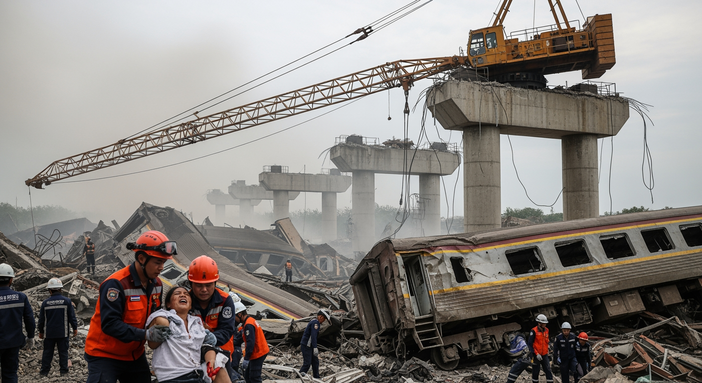 泰國發生起重機倒塌壓垮火車事故，造成至少32人死亡
