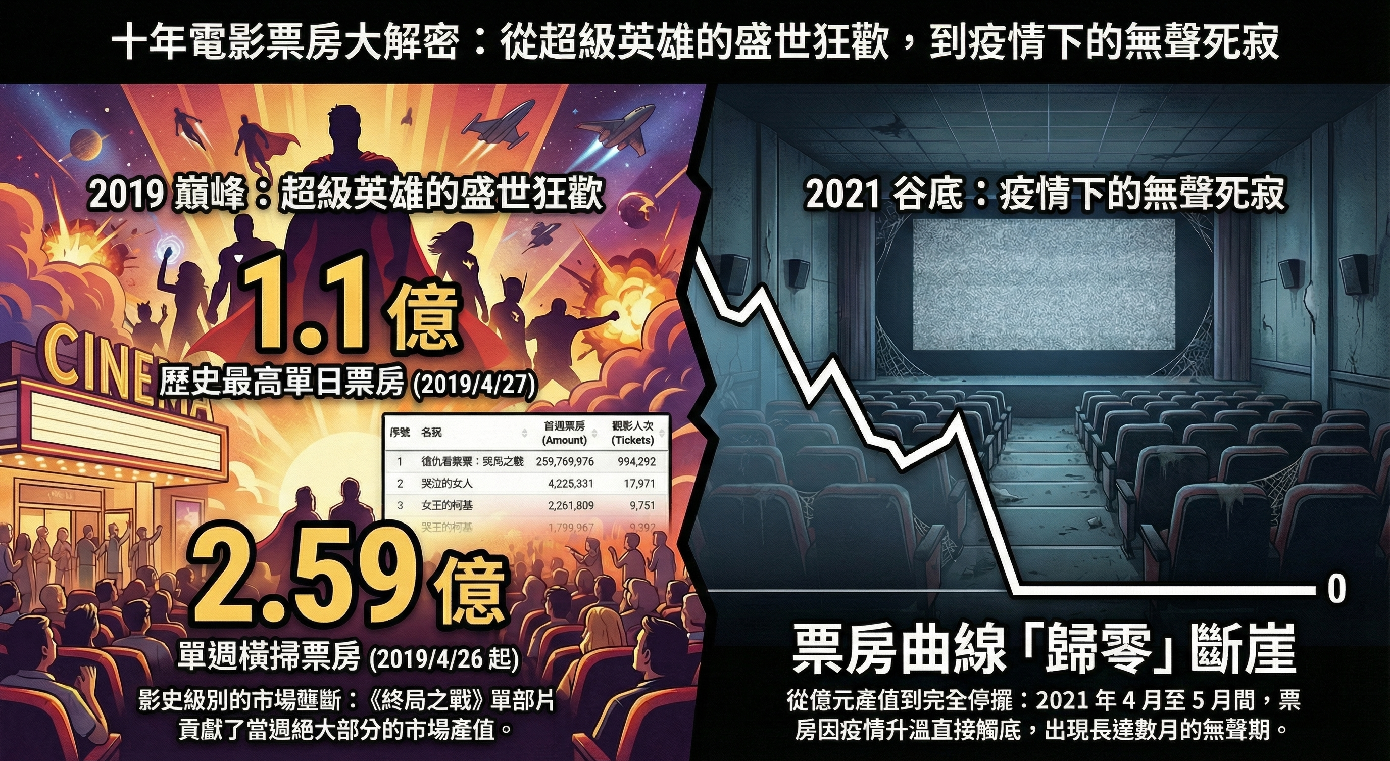 2016至2026年電影票房銷售趨勢圖,顯示2019年《復仇者聯盟:終局之戰》創下歷史最高峰,以及2021年疫情期間的零收入谷底。