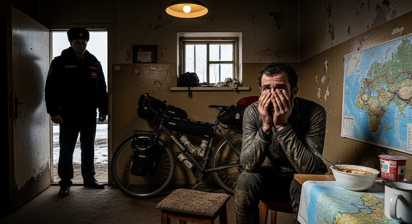 他原定打破騎自行車穿越歐亞大陸的紀錄，卻遇上了俄羅斯阻礙