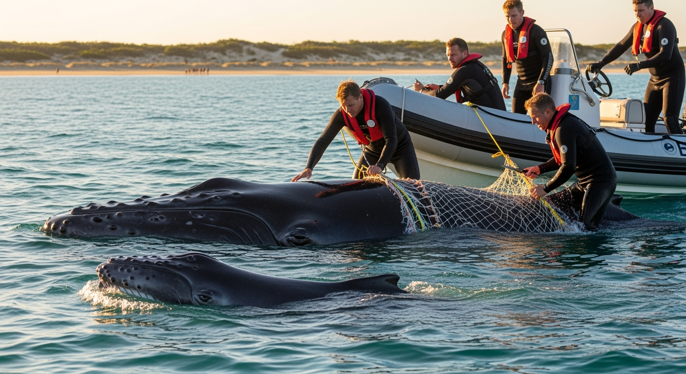 昆士蘭彩虹海灘外海，一對鯨魚母子受困防鯊網