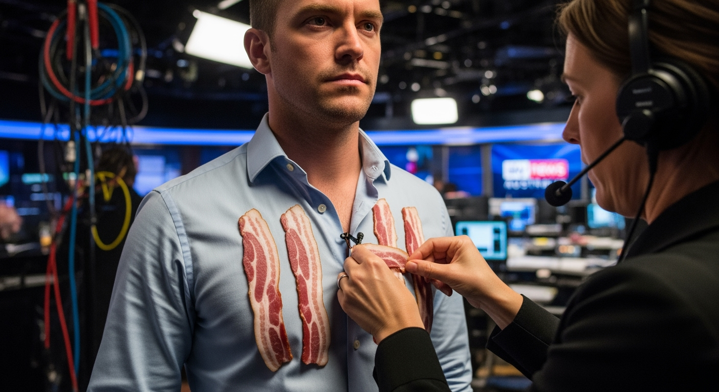 澳洲天空新聞員工在進行具冒犯性的反伊斯蘭採訪前，協助在來賓襯衫上佈置培根