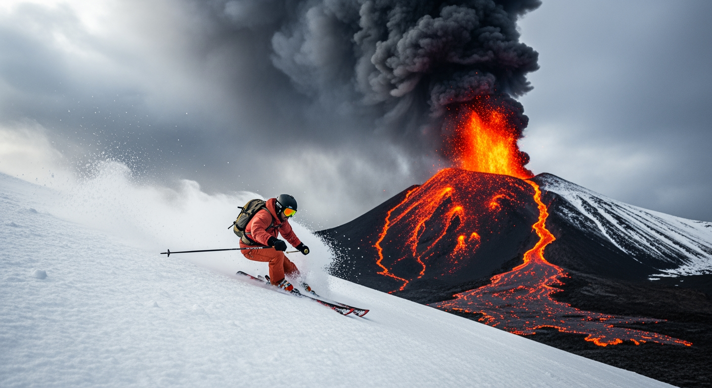 埃特納火山噴發中，滑雪者在背景襯托下疾馳而下