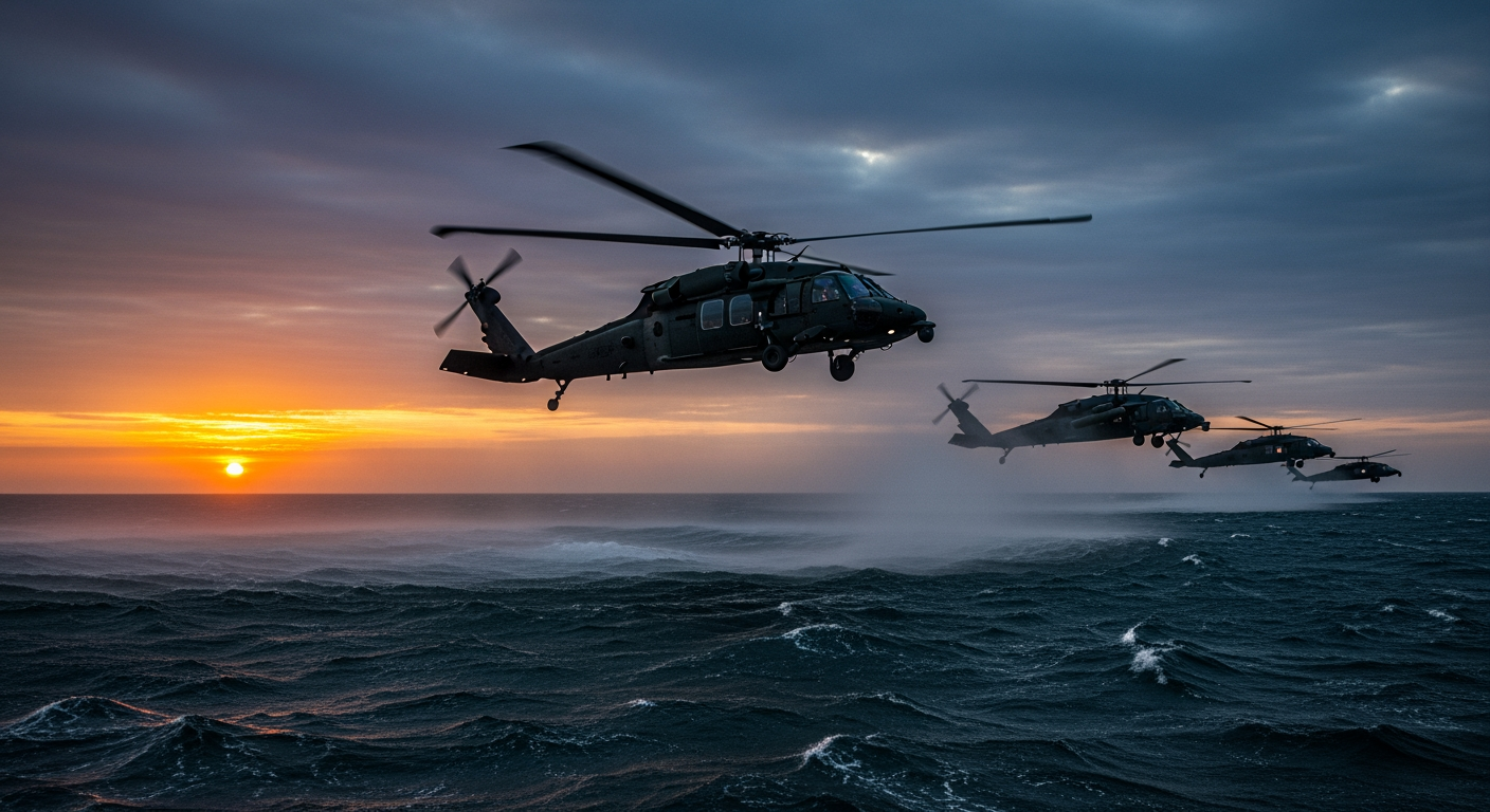 「絕對決心行動」（Operation Absolute Resolve）啟動，美軍直升機低空飛越水面等參與突襲行動。